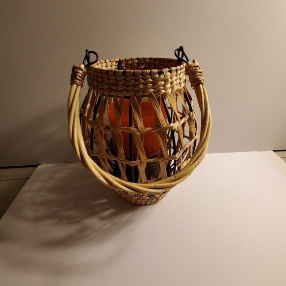 Rustic Woven And Metal Candle Holder With Candle - Picture 2 of 6